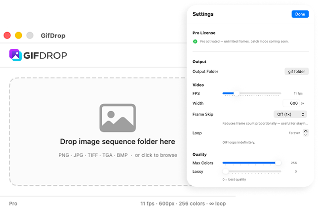 GifDrop app showing a drag-and-drop image sequence converter